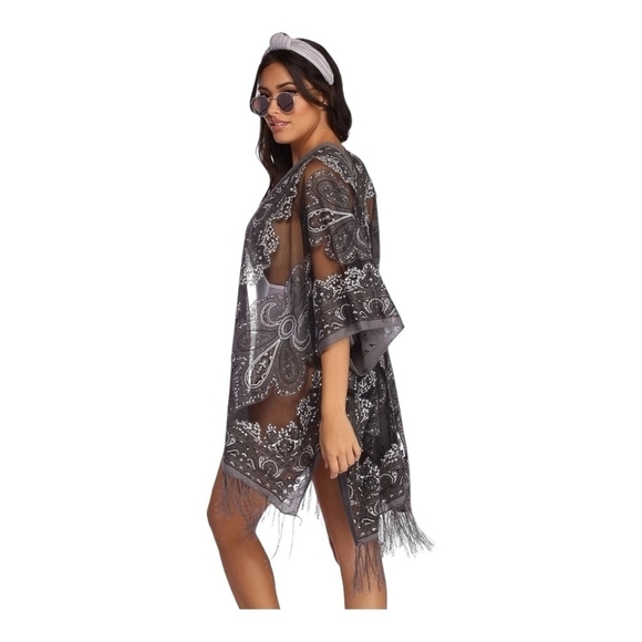 Women’s Swim Cover Up Top Burnout Kimono Sheer Fringe Open Front Duster Tunic - Picture 3 of 8